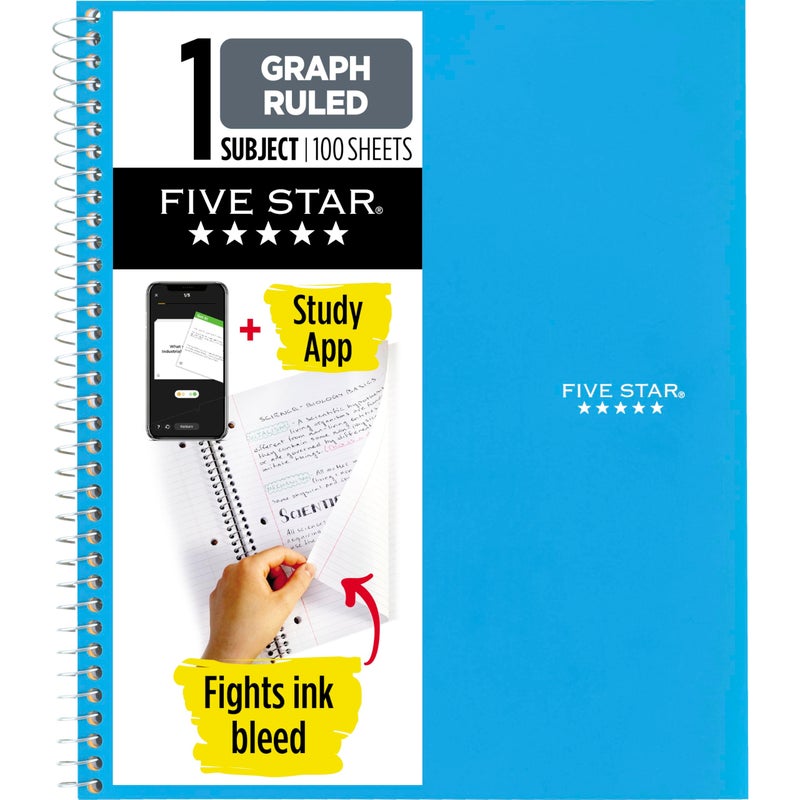 Five Star Spiral Notebook + Study App, 1 Subject, Graph Ruled Paper, 8-1/2" x 11", 100 Sheets, Fights Ink Bleed, Water Resistant Cover, Tidewater Blue (06190AA4) - Image 1